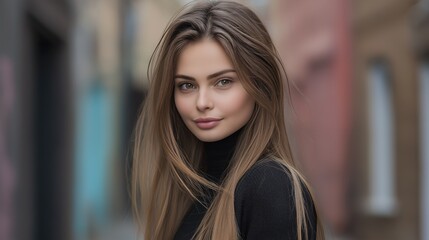 Obraz premium A stylish young woman stands confidently against a backdrop of luxury shops filled with elegance