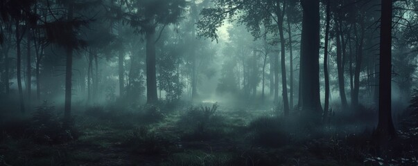Obraz premium Mysterious forest with fog and dark shadows, 4K hyperrealistic photo,
