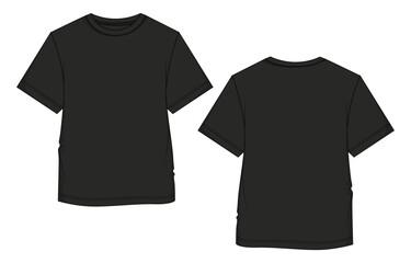 Naklejka premium Short sleeve T shirt Technical Fashion flat sketch vector illustration Black color template front and back views. Clothing design mock up for men's isolated on white background.