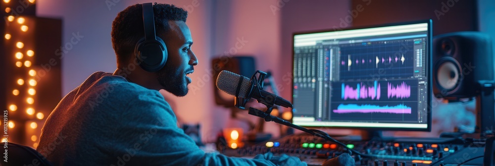 Aufkleber the podcaster passionately discusses topics while monitoring sound waves on a computer, creating an 