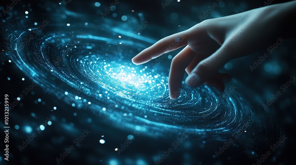 Poster hand touching a spinning data flow, data flow processing visualization background