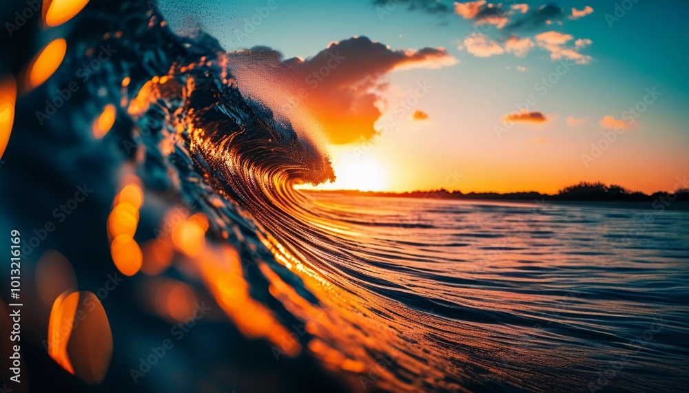 Poster The horizon glows with vivid oranges and reds as waves crash gently against the shore, reflecting the warm colors of the setting sun on the tranquil ocean surface. Generative AI