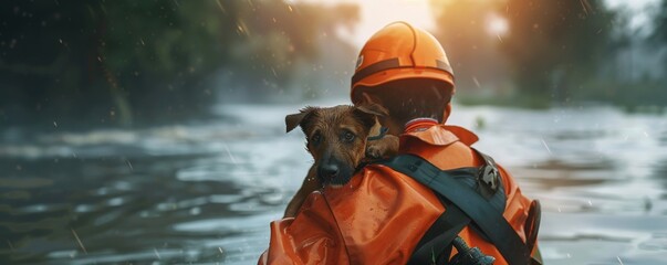 Close-up of a rescuer carrying a pet to safety during a flood rescue operation, 4K hyperrealistic photo