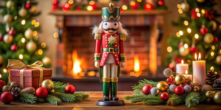 A traditional nutcracker figurine standing proudly on a mantel, surrounded by Christmas ornaments.