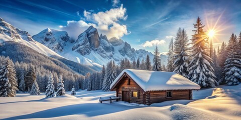The enchanting winter landscape features a delightful snow-covered cabin surrounded by towering mountains, all beneath