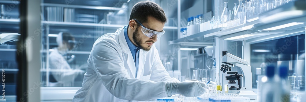 Aufkleber A dedicated scientist in a lab coat and goggles meticulously handles test tubes while conducting research in a modern laboratory setting. Generative AI