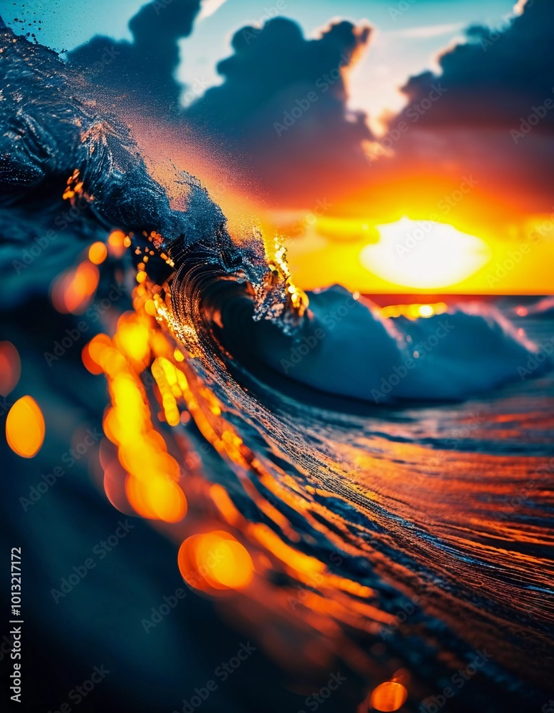 Poster the horizon glows with vivid oranges and reds as waves crash gently against the shore, reflecting th