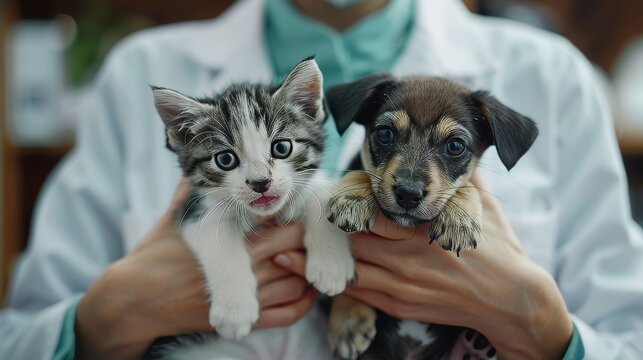 Female Dentist in Coat Holds Kittens and Puppies with Care and Love