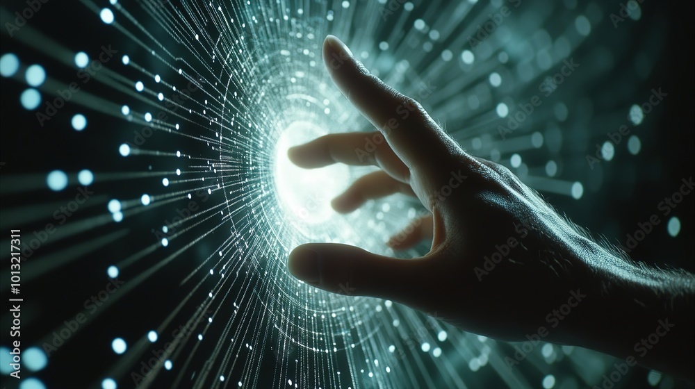 Poster hand touching a spinning data flow, data flow processing visualization background