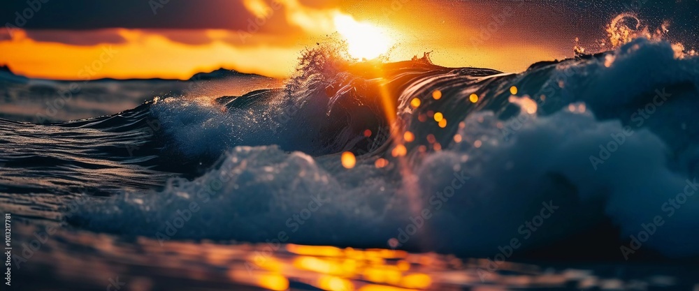 Poster the horizon glows with vivid oranges and reds as waves crash gently against the shore, reflecting th