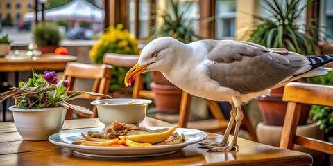 Obraz premium The seagull hovers near the restaurant, skillfully foraging for scraps as customers exit, demonstrating nature's