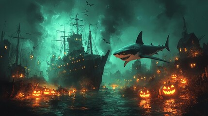 A spooky shark circling a haunted shipwreck in dark, eerie waters, glowing jacko lanterns casting an eerie glow, perfect for Halloweenthemed ads