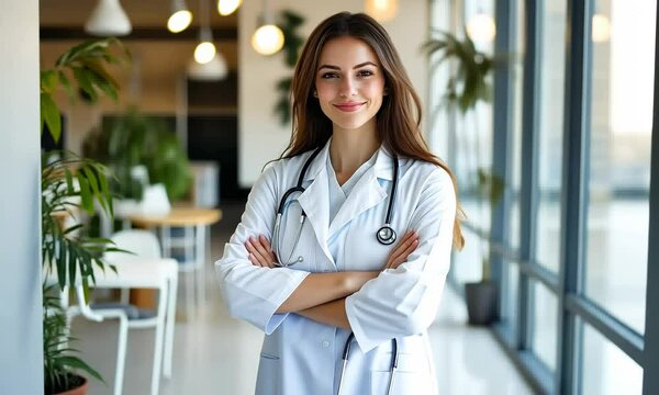 of charming attractive woman intern assistant wear white doctor robe crossed arms Video