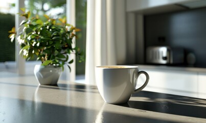 Cup of coffee on the kitchen counter, 4K hyperrealistic photo