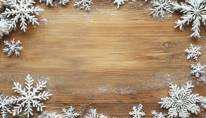 A wooden board with snowflakes around the edges, creating an enchanting winter background