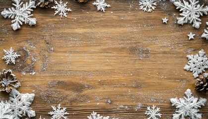 A wooden board with snowflakes around the edges, creating an enchanting winter background