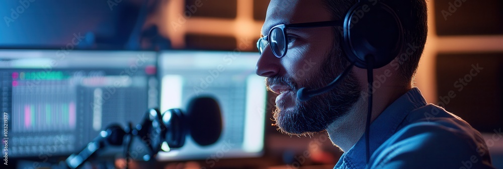 Aufkleber The podcaster delivers insightful commentary in a well-lit studio, surrounded by sound equipment and computer screens. Generative AI