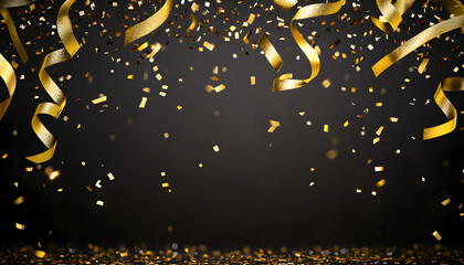 Black background or backdrop with gold golden streamers and confetti.