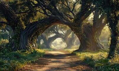 Obraz premium Enigmatic Tree Archway: Path to Mystical Realms, 4K hyperrealistic photo
