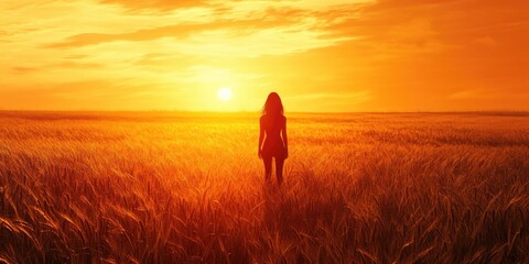 Fototapeta premium Woman in wheat field at sunset