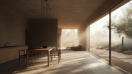 Modern minimalist interior with sunlight streaming in