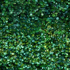 Glistening wall of tiny leaves in the rain, deep green tones with sparkling droplets, soft light, creating a serene, tranquil mood.