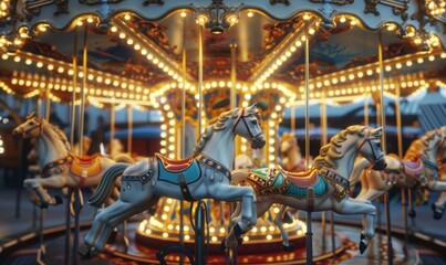 Nostalgic carnival carousel with ornate horses, 4K hyperrealistic photo