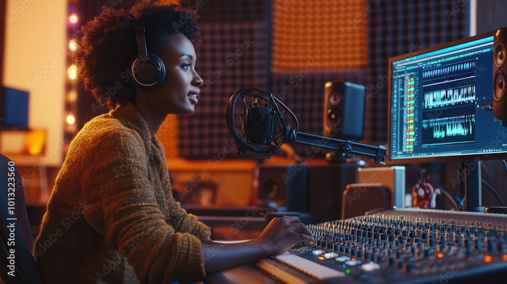 Poster The podcaster articulates ideas while using equipment in a well-equipped studio, engaging listeners with insightful commentary. Generative AI