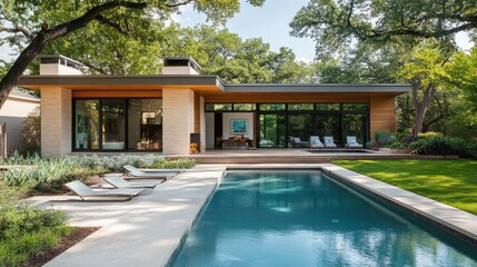 Fototapeta premium Modern Home with Pool Surrounded by Lush Trees