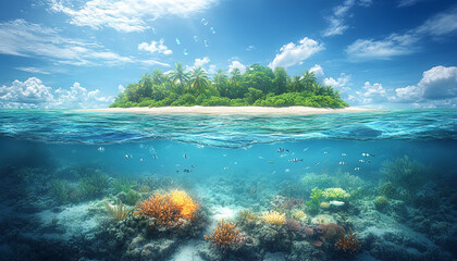 split view at the ocean surface the upper half of the