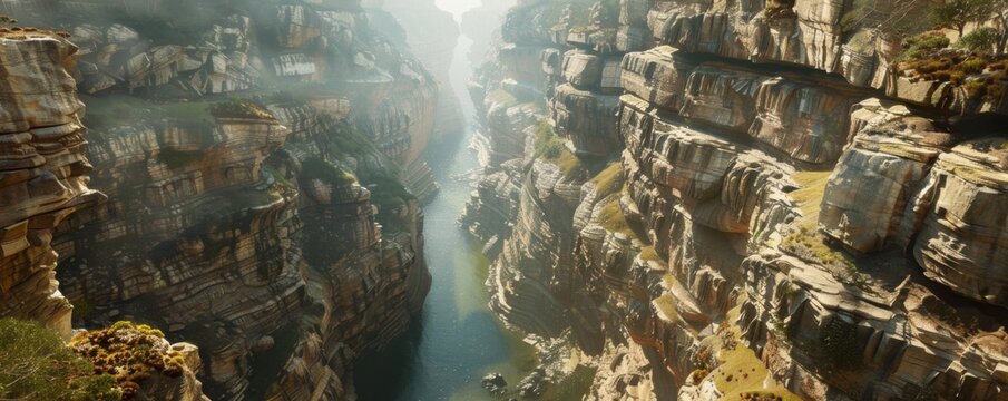 Deep canyon carved by a winding river, with steep cliffs and a narrow gorge, 4K hyperrealistic photo