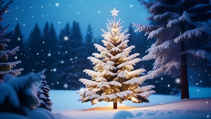 christmas tree surrounded beautiful snowfall creating peaceful winter scene