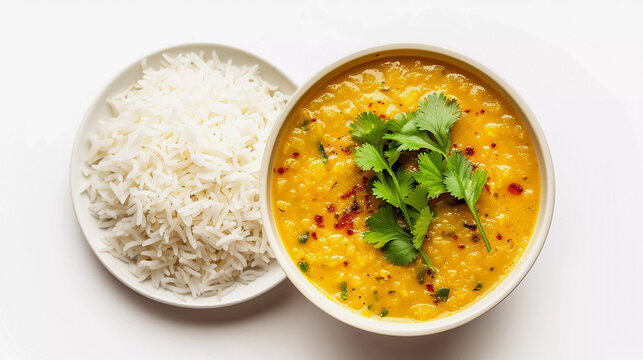 Top view of yellow dal served with rice isolated on white background