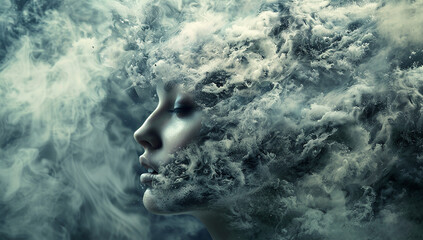 Fototapeta premium A woman's head dissolves into swirling smoke and ash, against an apocalyptic sky