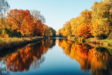Obraz premium Tranquil autumn river with vibrant foliage reflection in a clear blue sky