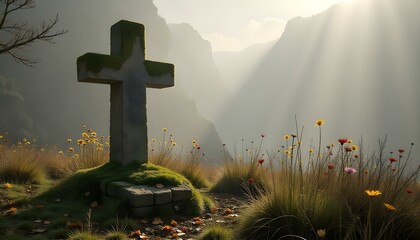 Fototapeta premium Large stone cross in rays of light representing a sense of divine presence