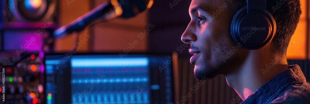 Poster The podcaster speaks confidently into a microphone while immersed in a vibrant studio atmosphere, focused on the discussion. Generative AI