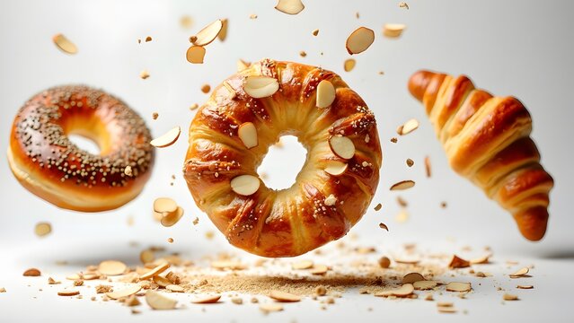 Fresh croissant Nuts bread with chocolate puff pastry dough lies, Breakfast sweet bun and croissant baguette Isolated mood on white background, Generative ai illustration.