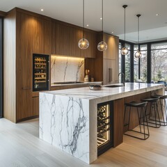 Modern Kitchen Island with Marble Countertop and Wine Cooler
