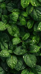 Fototapeta premium Glistening wall of small leaves in the rain, deep green tones with sparkling droplets, soft light, creating a fresh, serene scene.