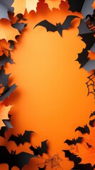 Fototapeta premium Black bats and orange autumn leaves placed against a bright orange background, creating a bold Halloween-themed composition with a spooky vibe..