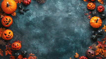 A dark Halloween-themed scene with jack-o'-lanterns, autumn leaves, and bats against a textured background, creating a spooky, eerie vibe for the season..