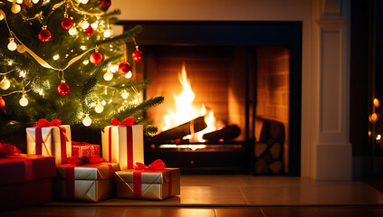 Fototapeta premium cozy christmas tree glowing warm fireplace perfect festive night