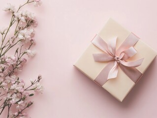 Beautiful beige gift box with a pink satin ribbon placed on a soft pink background next to delicate pink flowers, creating a romantic scene.