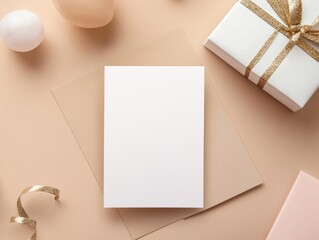 Blank white card on a beige background, surrounded by festive elements like gold ribbon, balloons, and a wrapped gift, creating a celebration scene.