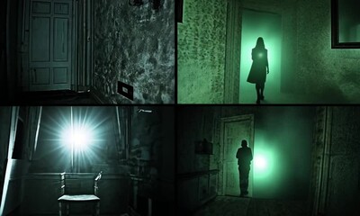 Dark, eerie scenes with shadows and ghostly figures in a haunted house setting.