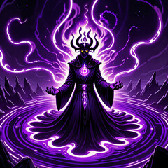 A mystical sorcerer conjuring dark energy with purple flames.