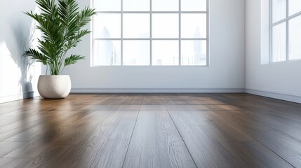 A large room with a white wall and a large window