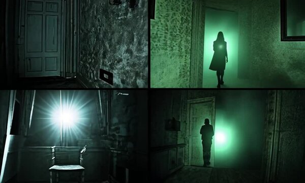 Dark, eerie scenes with shadows and ghostly figures in a haunted house setting.