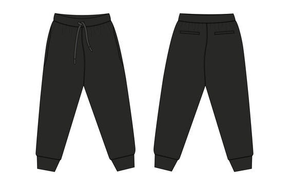 Fleece fabric Jogger Sweatpants technical drawing fashion flat sketch vector illustration black color template front, back views.
